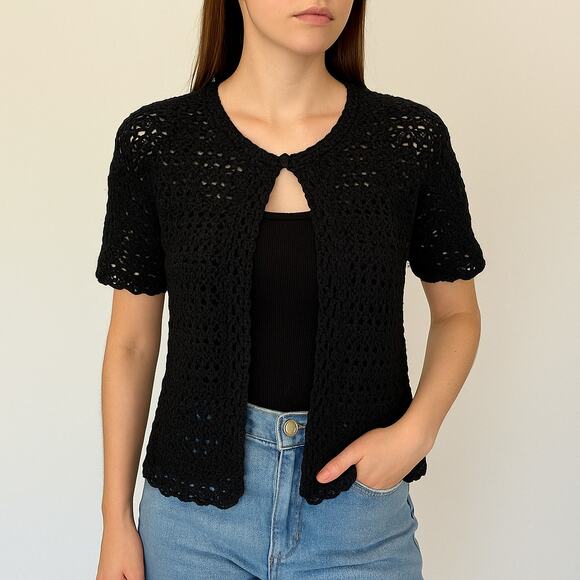 Vintage Southern Lady Crochet Cardigan Women’s Large Black Scalloped Detail - Picture 1 of 10